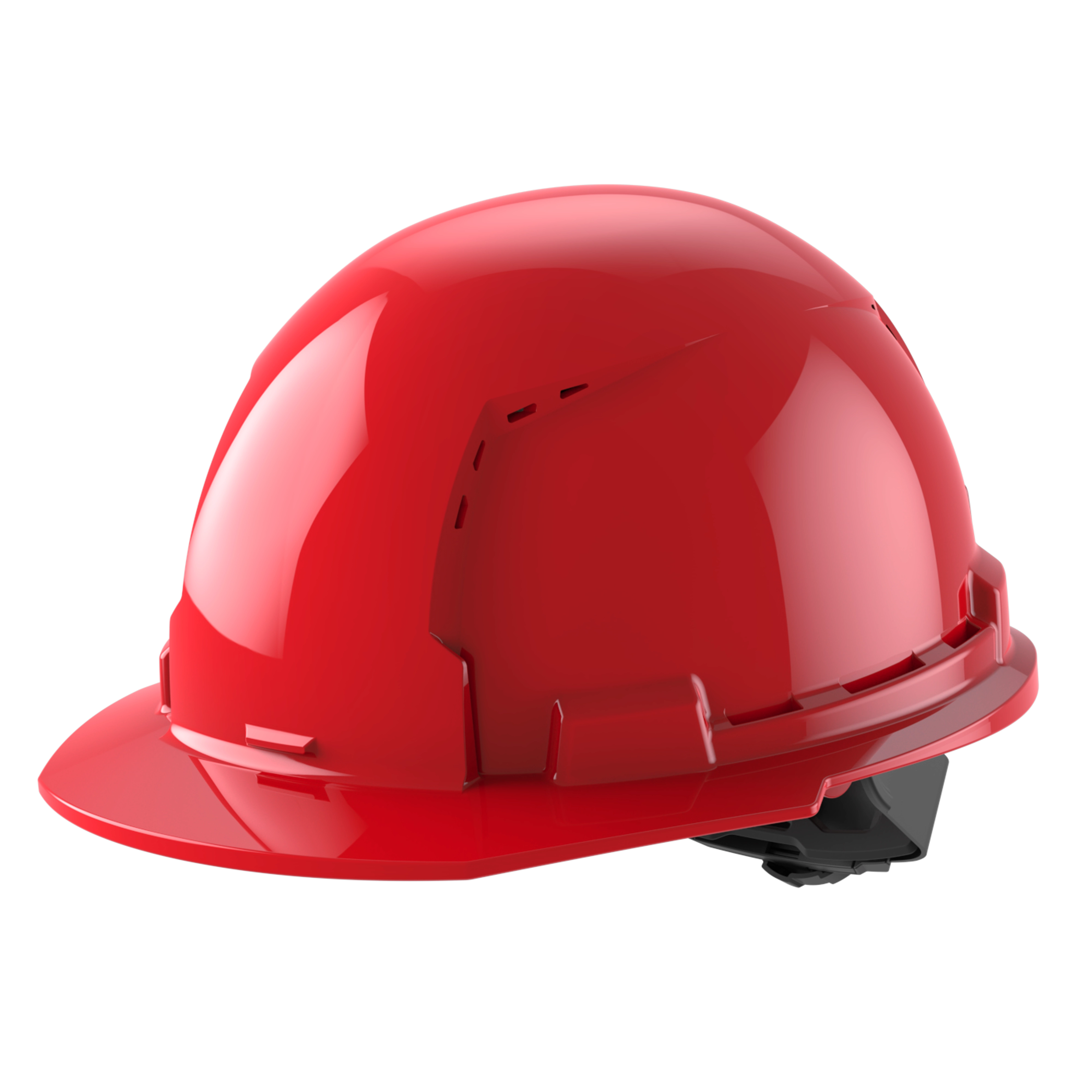 Red construction hard hat with a brim and adjustable interior suspension system.