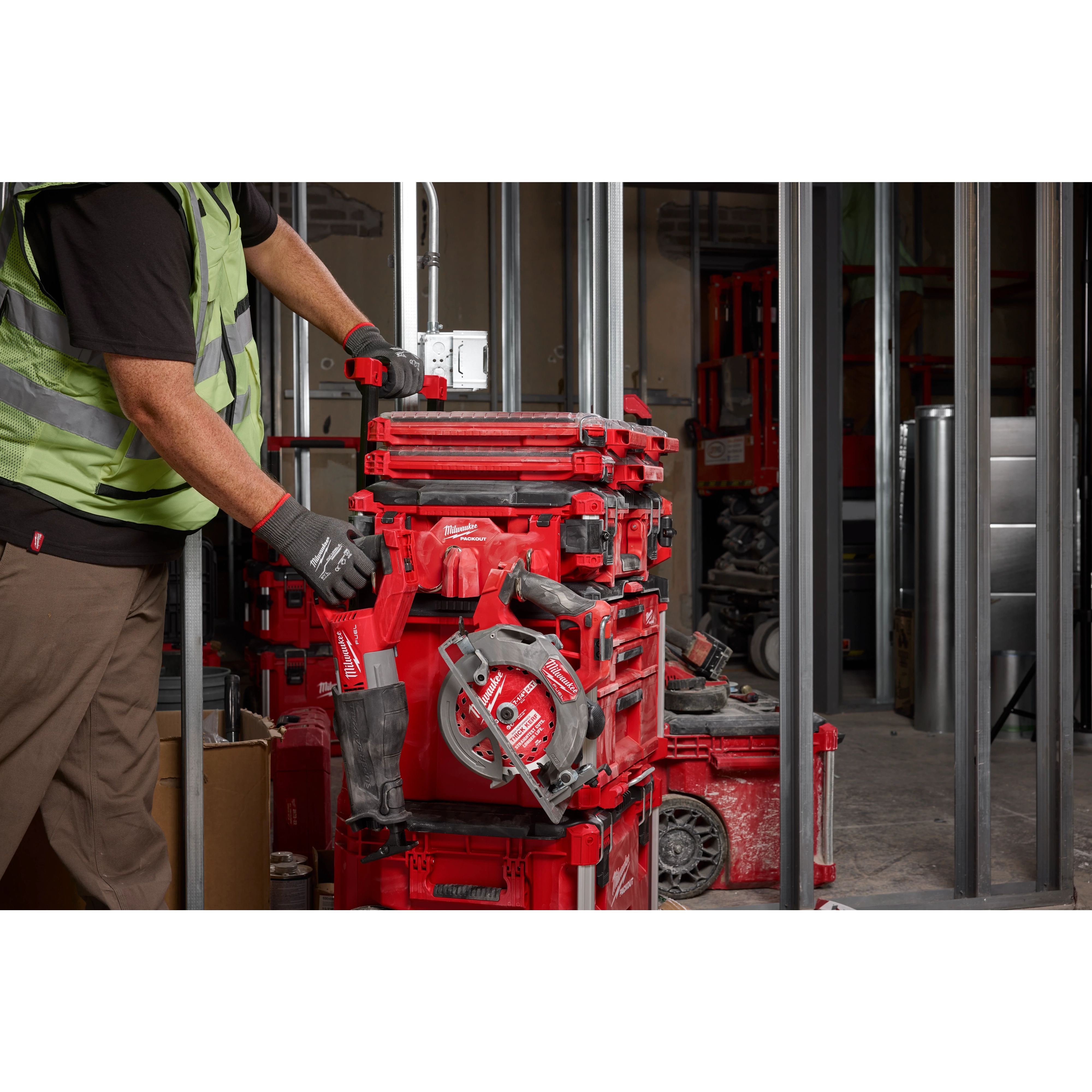 Organizing tools using a PACKOUT Tool Box 3-Hook Attachment in a construction setting