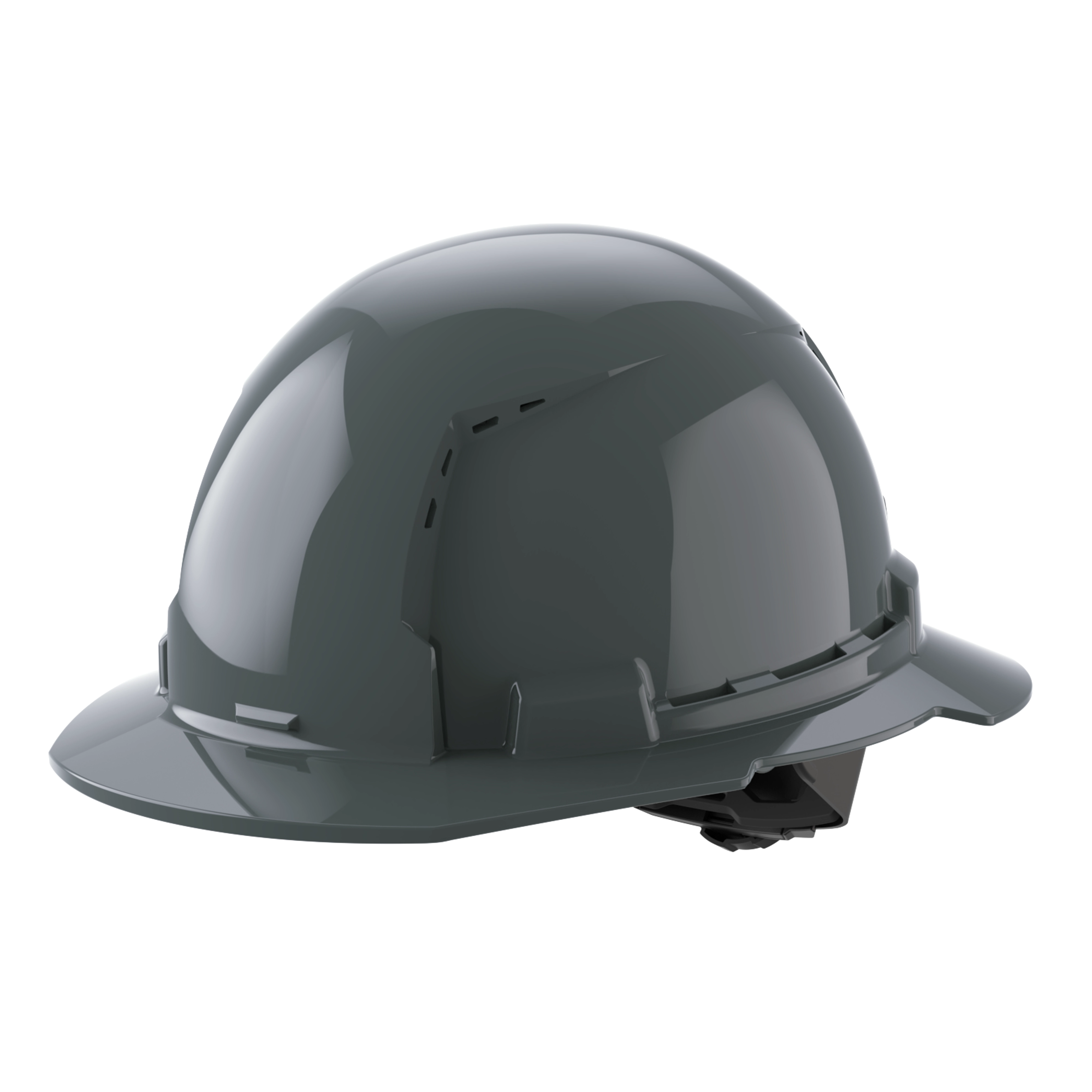 A gray safety hard hat with vents, designed for construction or industrial use.