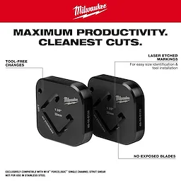 Two black Milwaukee shear blades with tool-free changes, laser etched markings, and no exposed blades. Text: "Maximum productivity. Cleanest cuts."