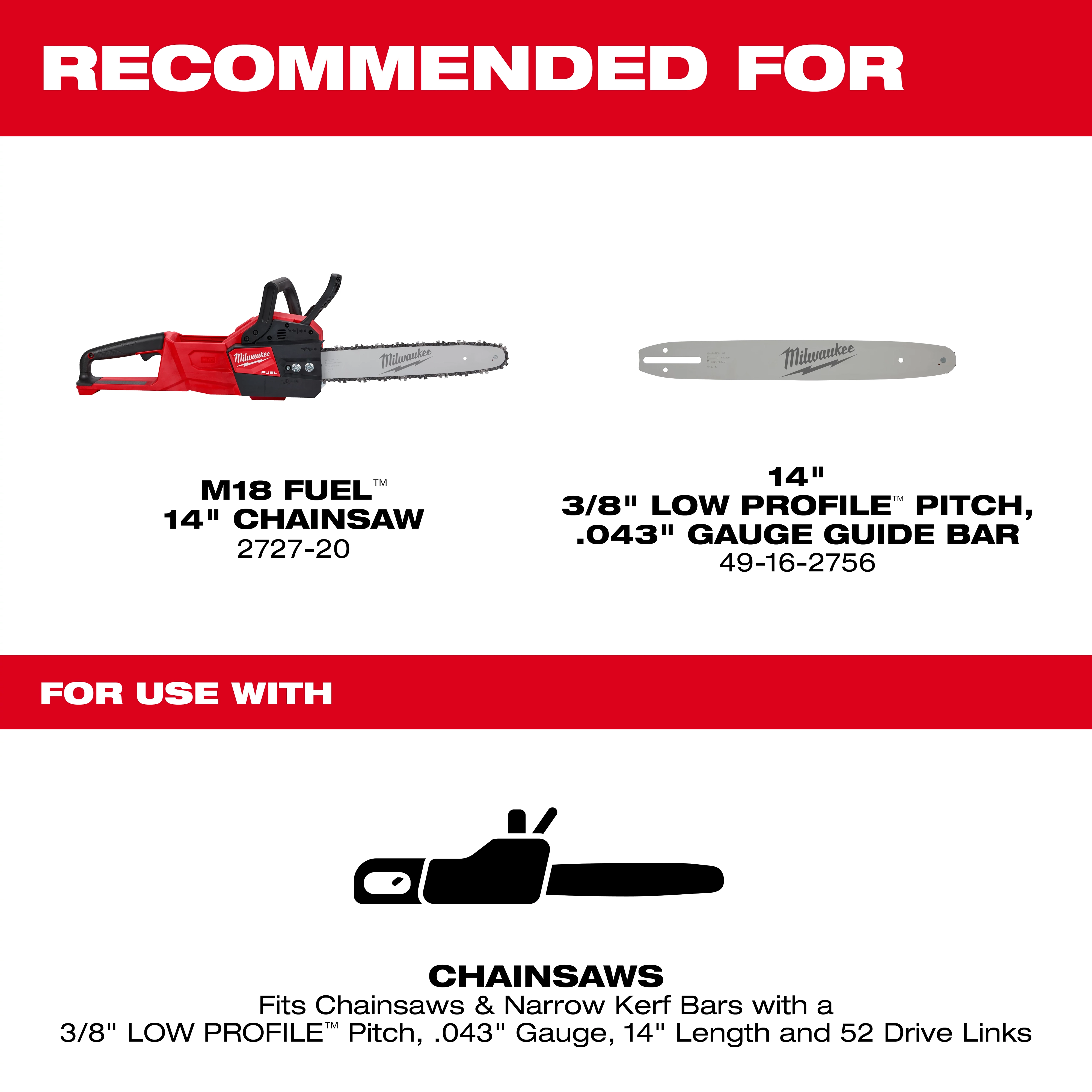 The image provides recommendations for a chainsaw and guide bar. It shows an M18 FUEL 14" chainsaw (model 2727-20) and a 14" guide bar with 3/8" low profile pitch and .043" gauge (model 49-16-2756). The bottom section states the guide bar fits chainsaws and narrow kerf bars with these specifications and includes a chainsaw icon. The text is on a white background with red and black accents.