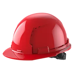 A red construction safety helmet with a brim and adjustment strap on the back.