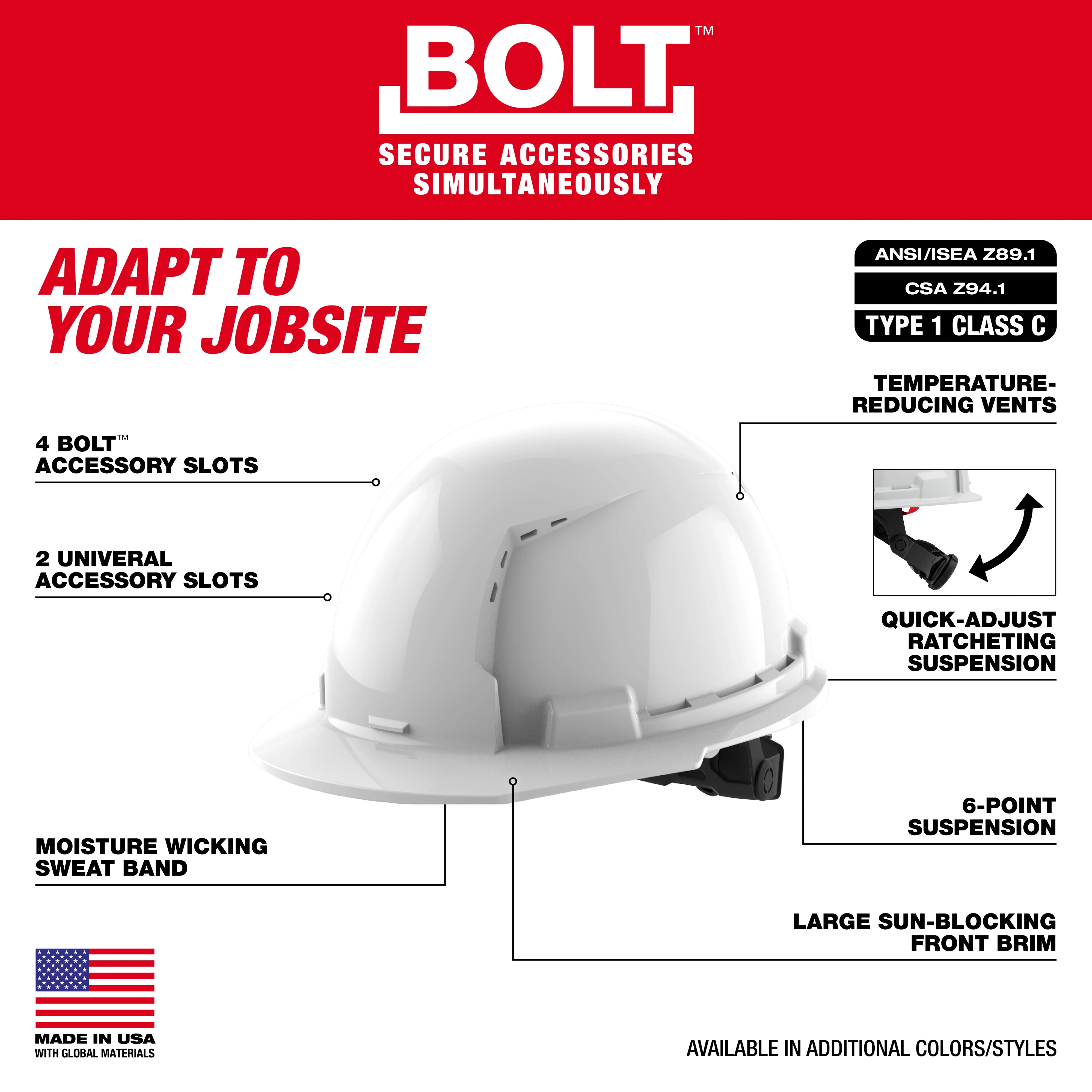 The image features a BOLT™ White Front Brim Vented Hard Hat with 6-point Ratcheting Suspension (USA) - Type 1, Class C. The hat includes 4 BOLT™ accessory slots, 2 universal accessory slots, temperature-reducing vents, a quick-adjust ratcheting suspension, a 6-point suspension, a large sun-blocking front brim, and a moisture-wicking sweatband. The hat is made in the USA with global materials and meets ANSI/ISEA Z89.1 and CSA Z94.1 standards.