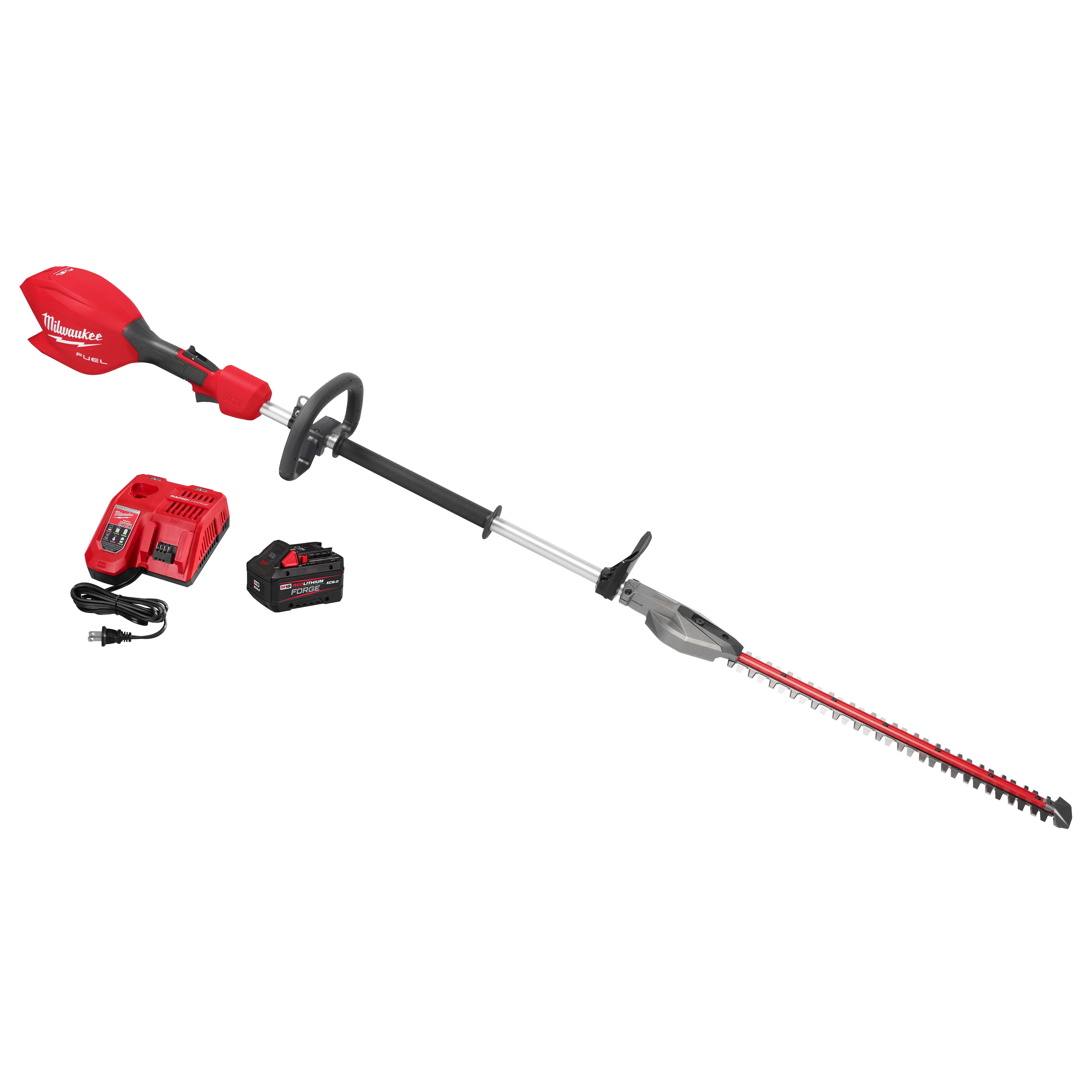 The image shows an M18 FUEL™ Short Pole Hedge Trimmer Kit, which includes a red and black pole hedge trimmer with a long shaft and blade, a battery pack, a charger, and a power cord. The trimmer features a handle for easy grip. All components are arranged neatly for display.