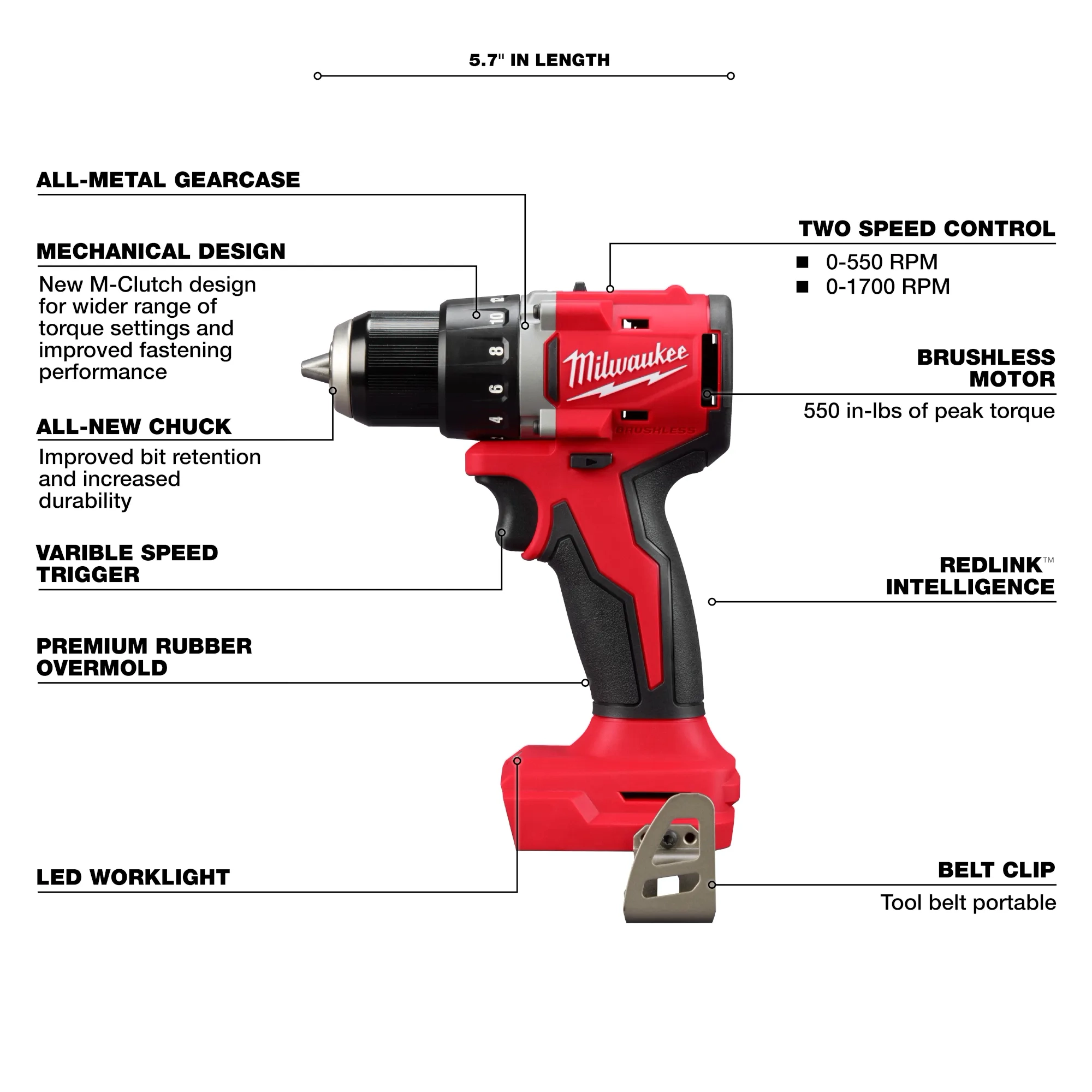 Compact Brushless 1/2" Drill/Driver is 5.7" in length