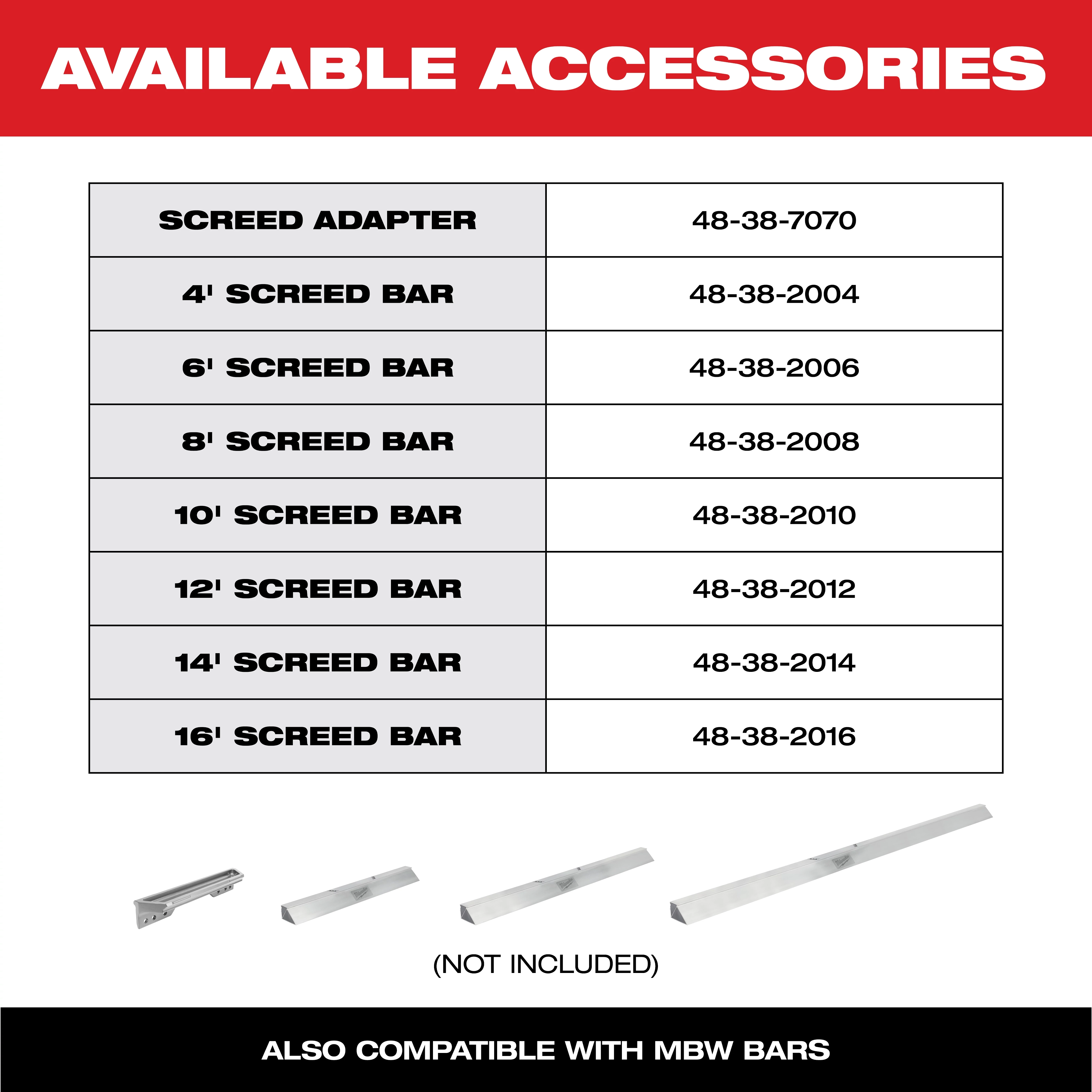 The image lists available accessories for screed bars with part numbers, including a screed adapter, and 4-foot to 16-foot screed bars. It also shows four screed bar images labeled "Not Included," and a note stating compatibility with MBW bars. The header reads "AVAILABLE ACCESSORIES."