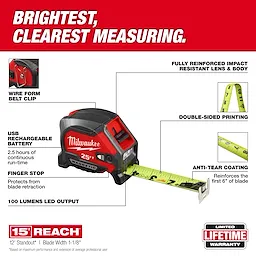 25ft Compact Wide Blade Magnetic Tape Measure w/ Rechargeable 100L Light