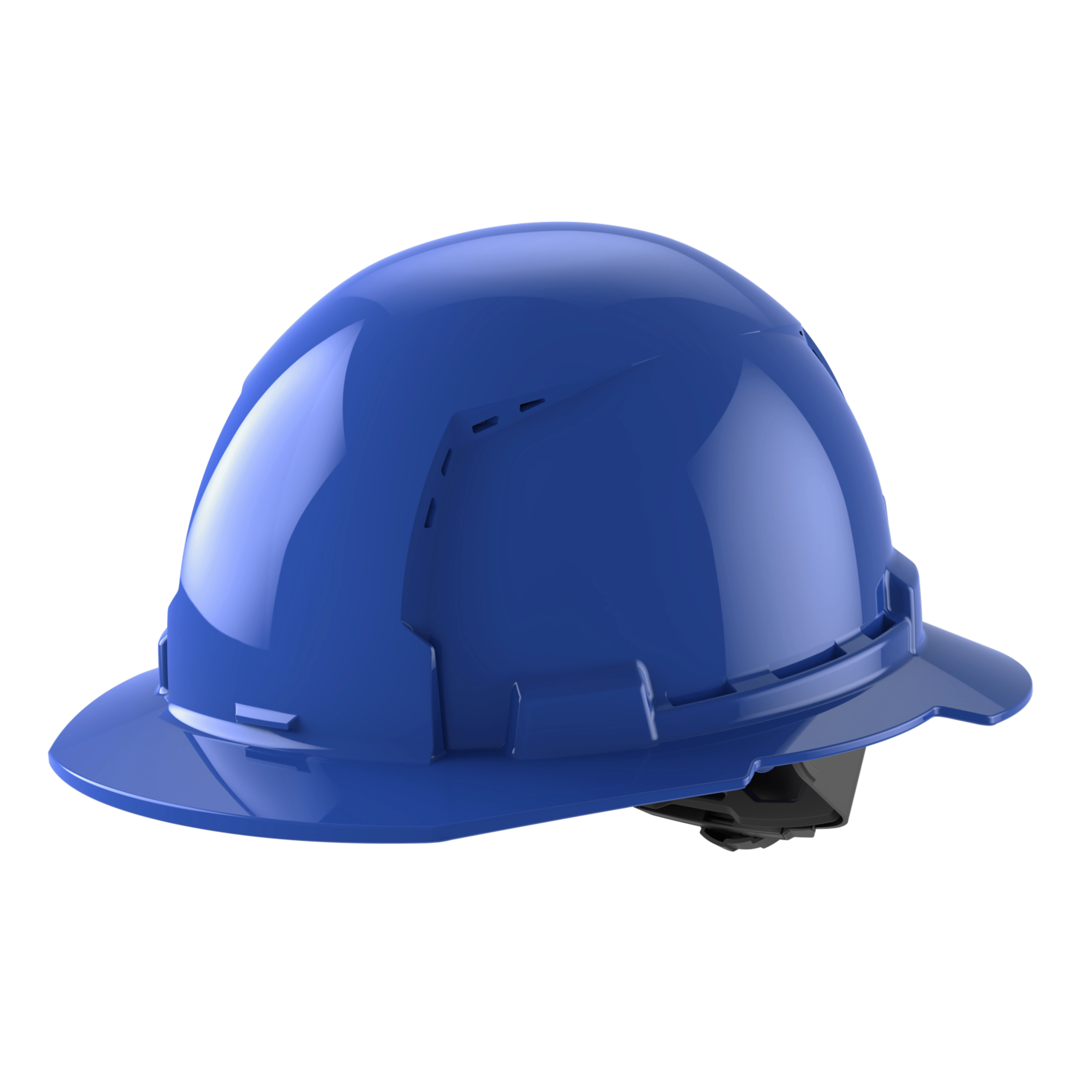 A blue construction hard hat with a glossy finish.