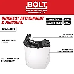 Clear face shield labeled for quick attachment and removal, featuring tool-free change, one-handed locking, and polycarbonate construction.