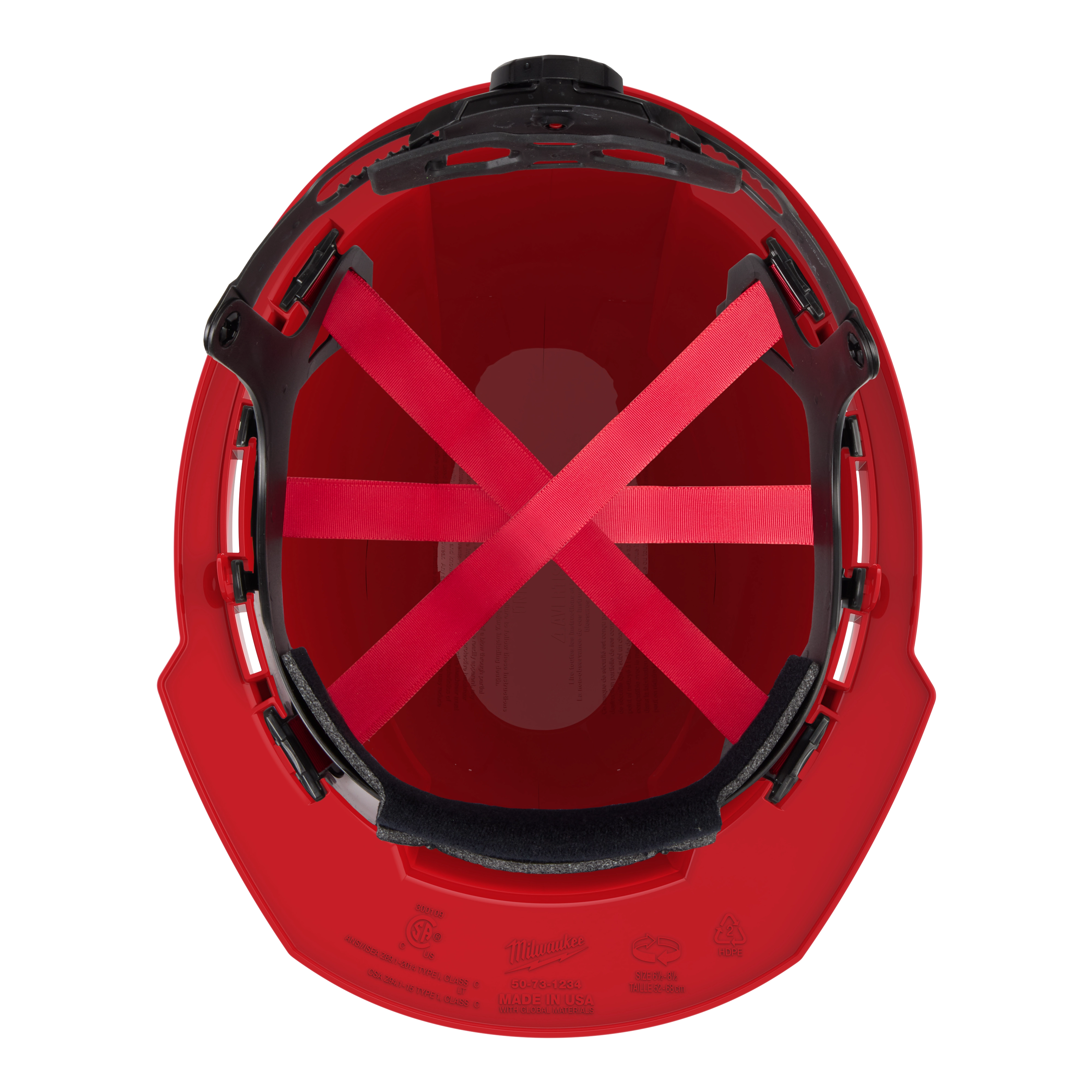 Top view of a red hard hat with a black and red internal suspension system.