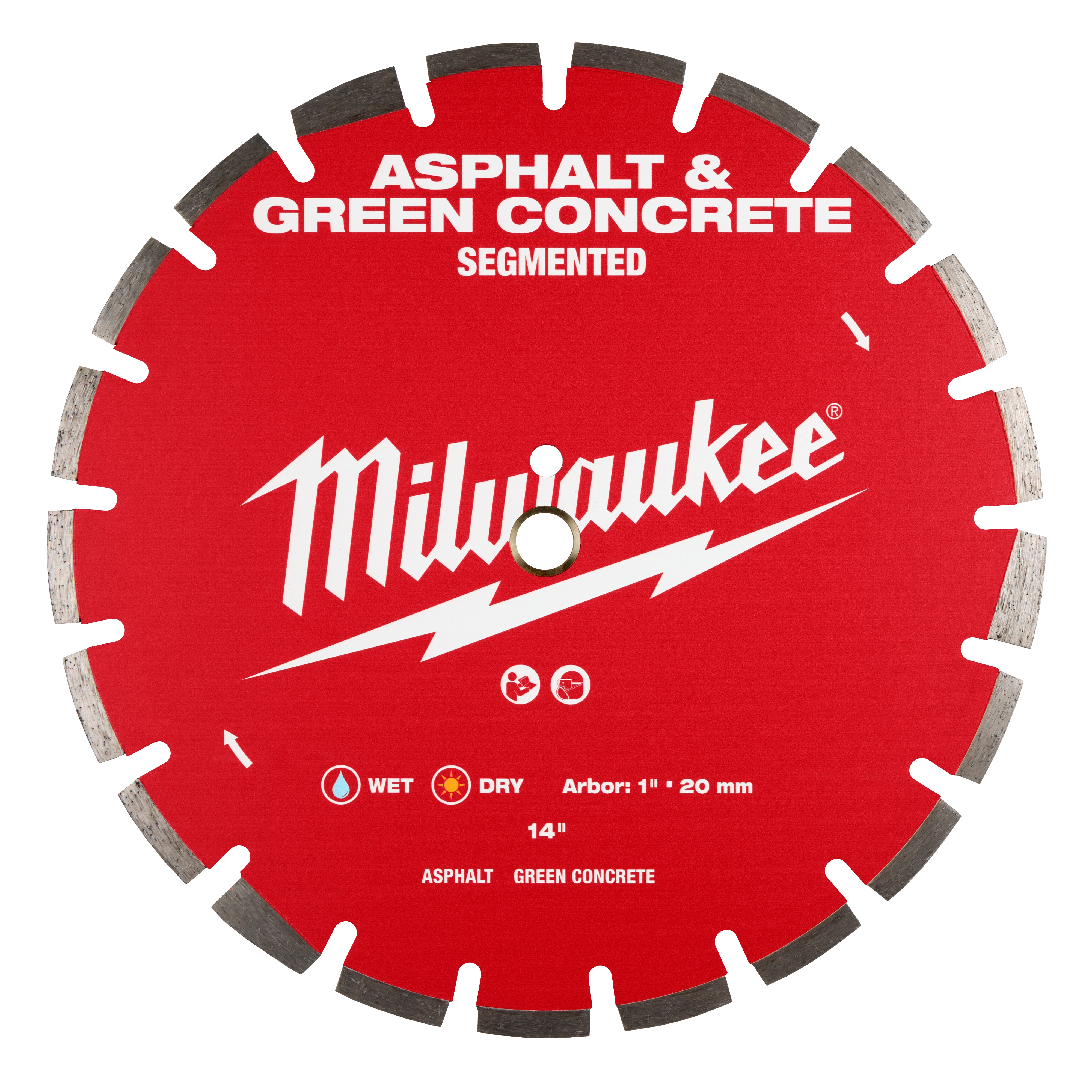 A red, circular 14" Asphalt & Green Concrete Segmented Diamond Blade with silver cutting segments by Milwaukee. The blade is designed for wet and dry cutting, has a 1"-20mm arbor, and is intended for use on asphalt and green concrete.