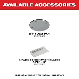 "Advertisement showing a 24-inch float pan and a 4-pack of 4.75x9-inch combination blades, compatible with Wagman and