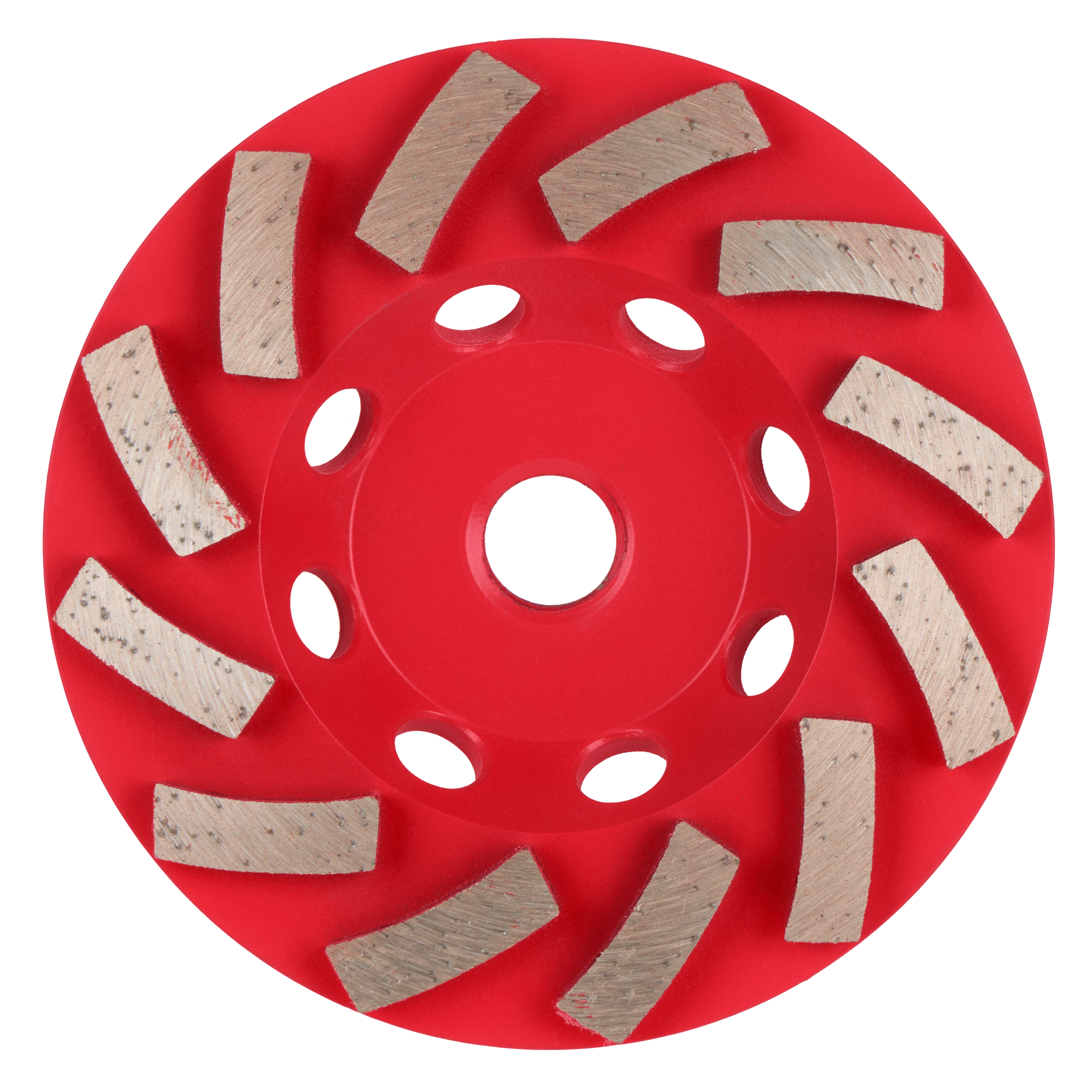 Image of a red-colored 4" DIAMOND MAX™ Turbo Diamond Cup Wheel with 12 segments. The wheel has a circular design with evenly spaced curved diamond segments and several cut-out holes around the center.