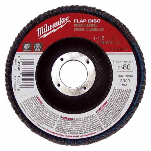 Product image for Milwaukee 48-80-8102 4-1/2 x 7/8 Inch 80 Grit Type 27 Flap Disc